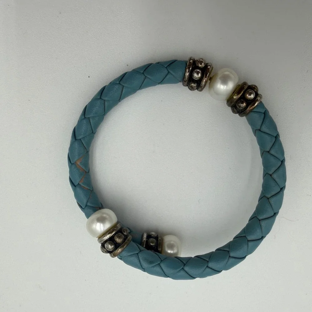 Braided Blue Leather Pearl Cuff Bracelet Antiqued Silver Accent Western Aztec